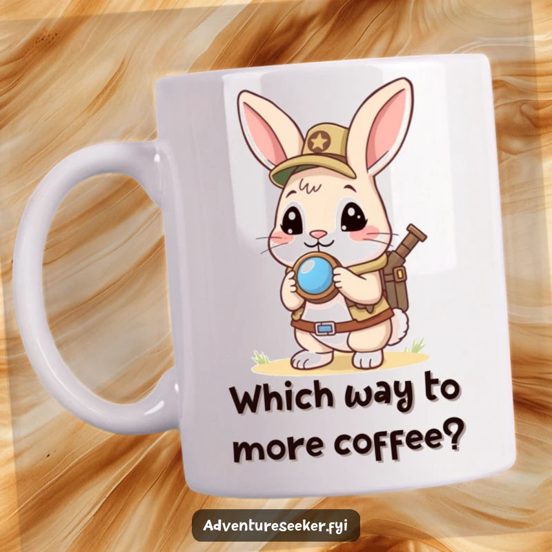 Funny Rabbit Scout Mug: A curious rabbit holds a mini compass, looking ahead eagerly, symbolizing adventure and a bright future.
