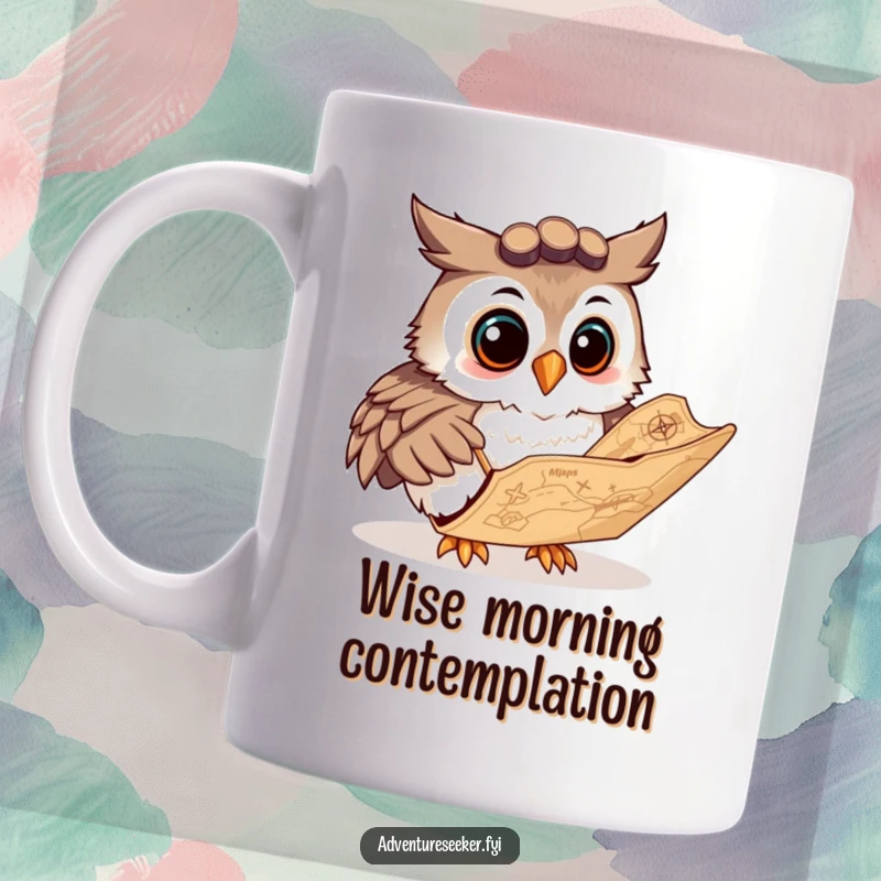 Funny mug featuring a curious owl navigator character studying a large, ancient map with a smile, symbolizing wisdom and exploration.