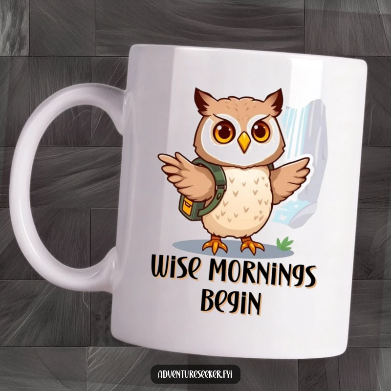 Funny owl explorer mug, brave owl in backpack pointing towards a shimmering waterfall in the distance, symbolizing adventure.