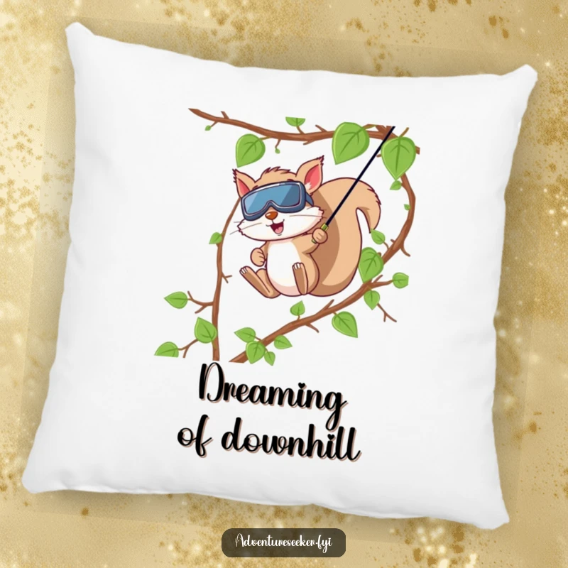 Funny Squirrel Zip Line Pillow. A soft pillow featuring a squirrel excitedly zip-lining down a vine, adding comfort and humor.