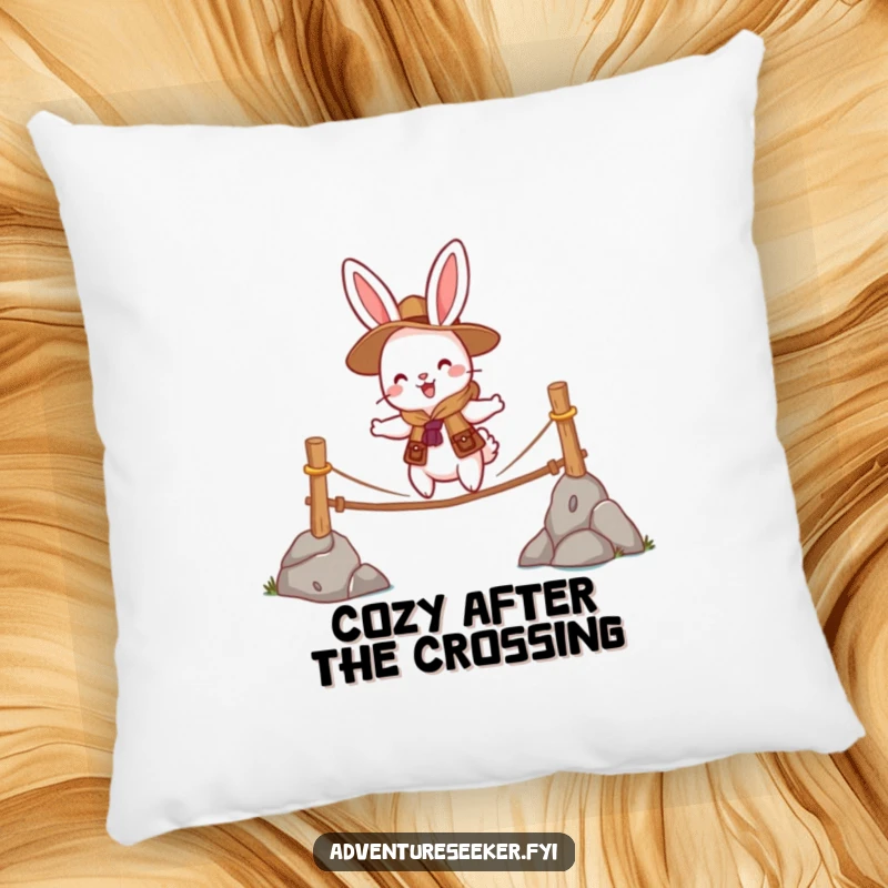 Funny pillow with a cheerful rabbit scout character bravely crossing a wobbly rope bridge, offering comfort and inspiration.