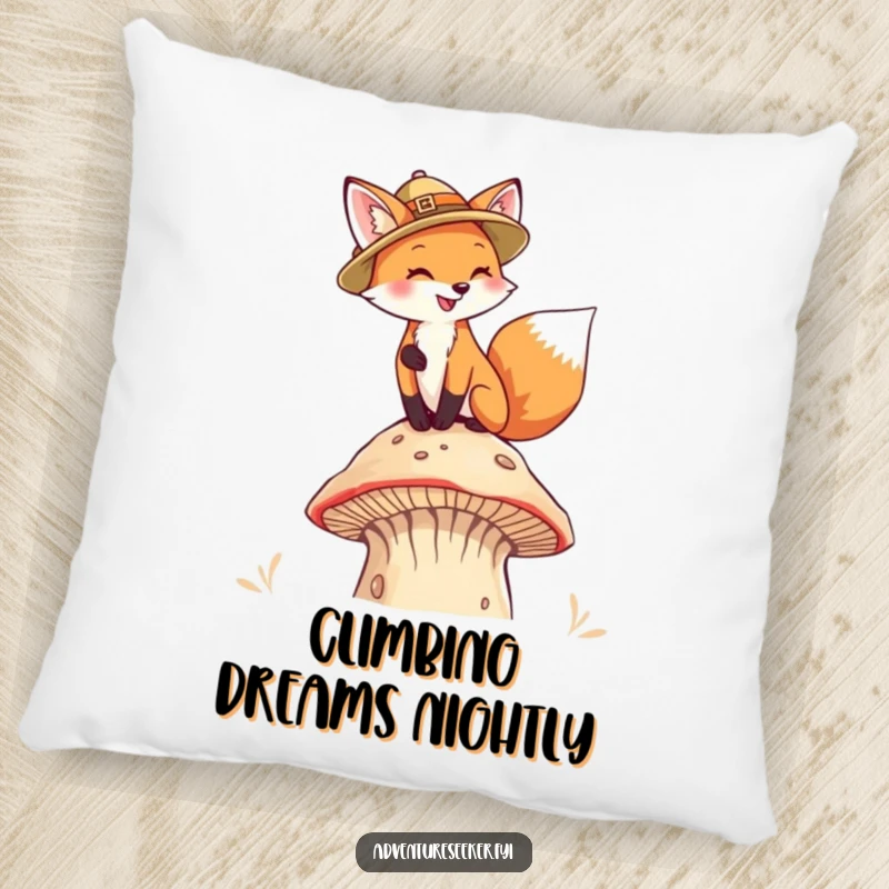 Funny Fox Pith Helmet Pillow. A soft pillow featuring a fox climbing a mushroom, perfect for cozy fantasy moments.