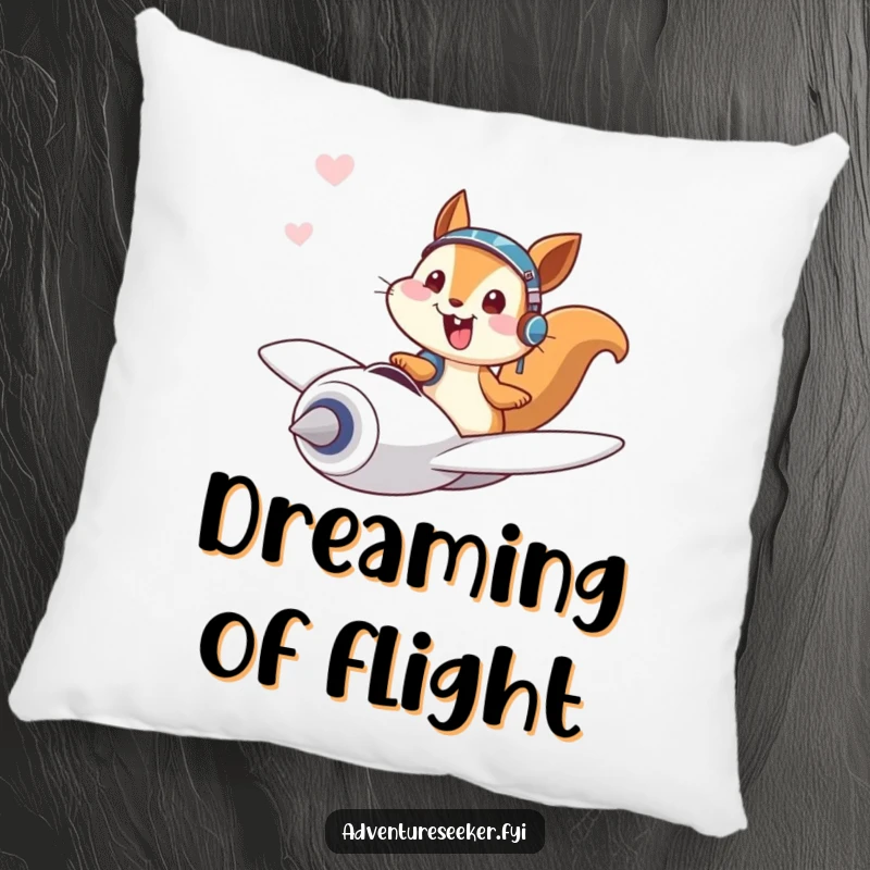 Funny pillow with a giggling squirrel pilot character joyfully flying a tiny plane, offering comfort and playful adventure.