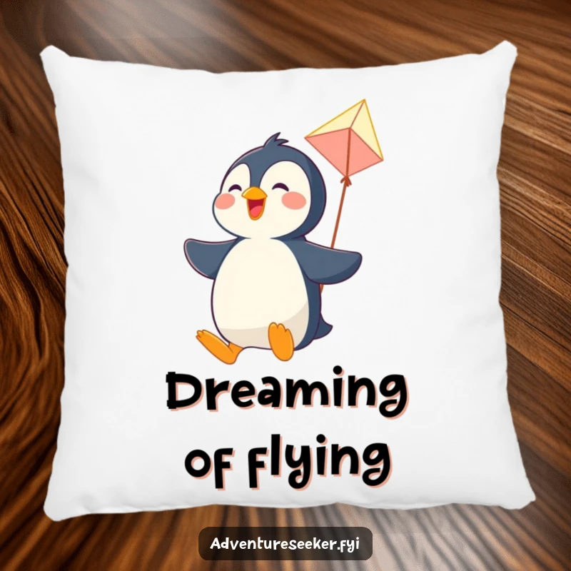 Funny pillow depicting a joyful penguin character soaring on a makeshift kite, bringing comfort and airborne cheer.
