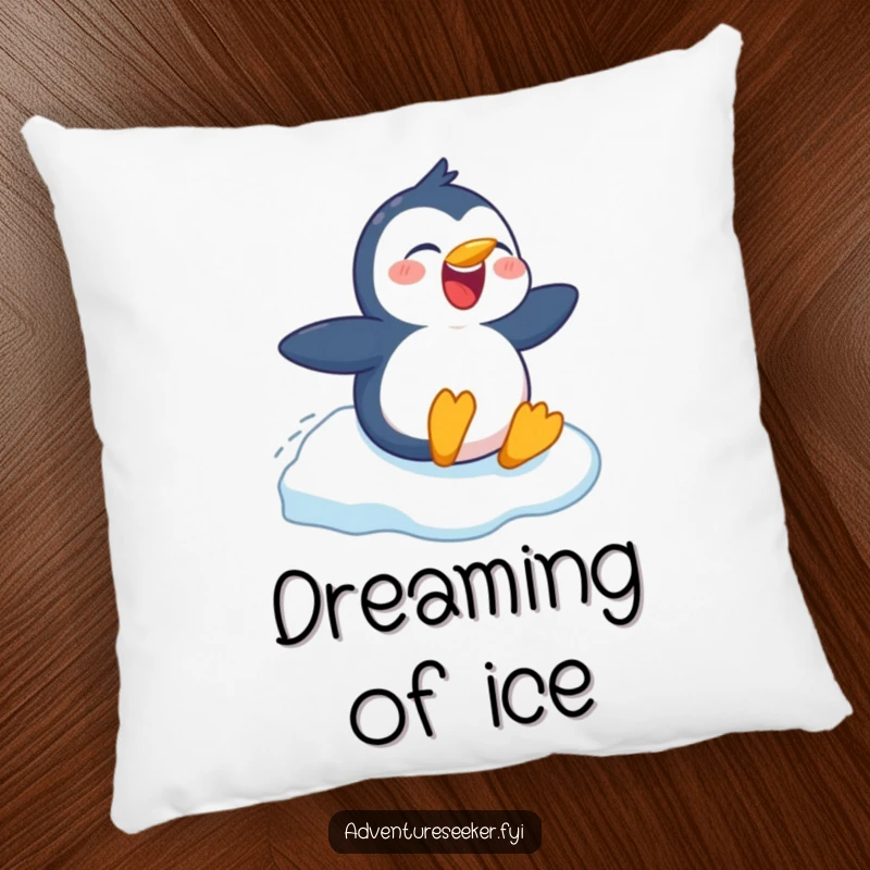 Funny pillow featuring a happy penguin character in a thrilling ice slide pose, offering plush comfort and humor, a delightful accent.