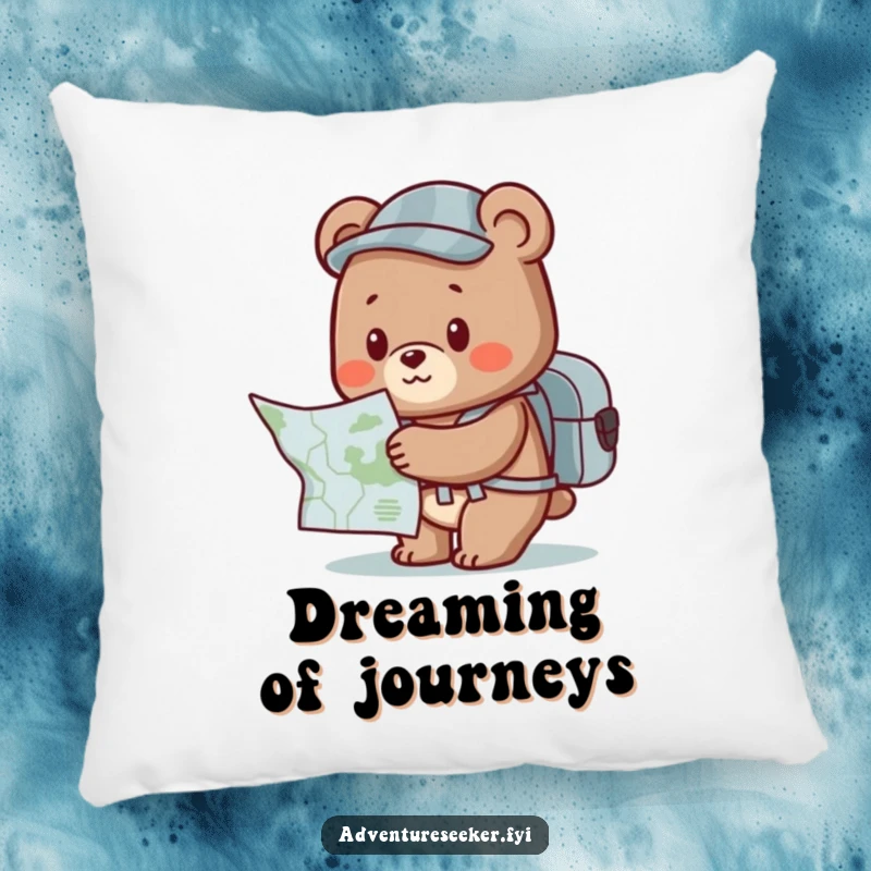 Funny Bear Pillow: Cute character with a backpack and map, ready for a funny journey, perfect for cozying up.