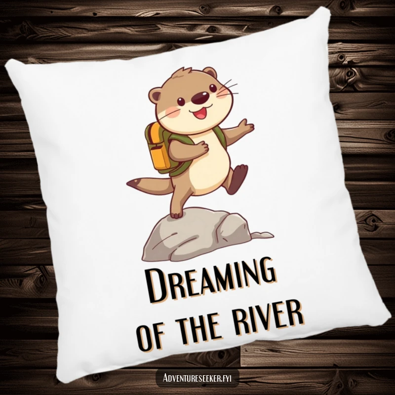 Funny Otter Pillow: A cheerful adventurer otter with a tiny backpack leaps over a rock, offering comfort and a humorous design for any room.