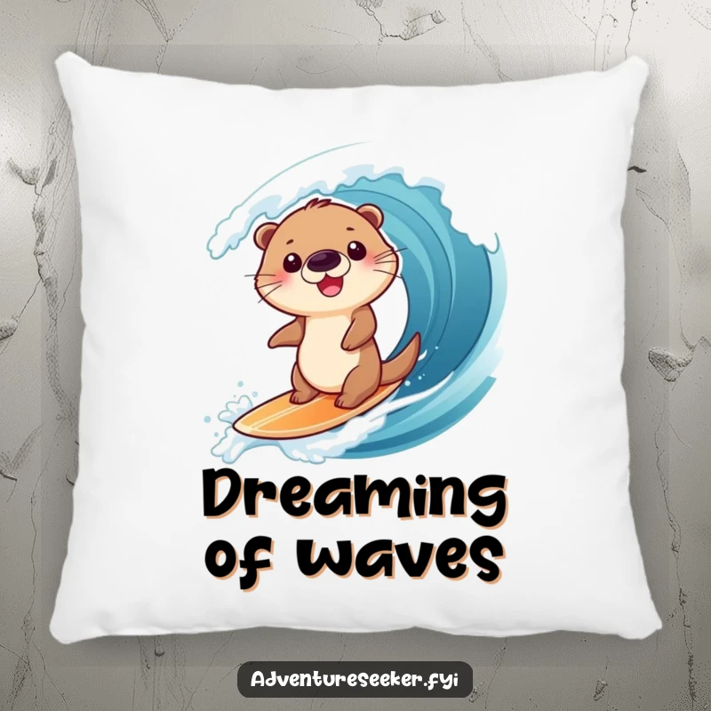 Funny pillow featuring a giggling otter character surfing a large wave, offering plush comfort and a touch of seaside humor, a fun gift.