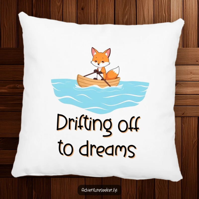 Funny pillow with a playful fox rowing a tiny boat on a vast ocean, offering plush comfort and a humorous nautical theme.