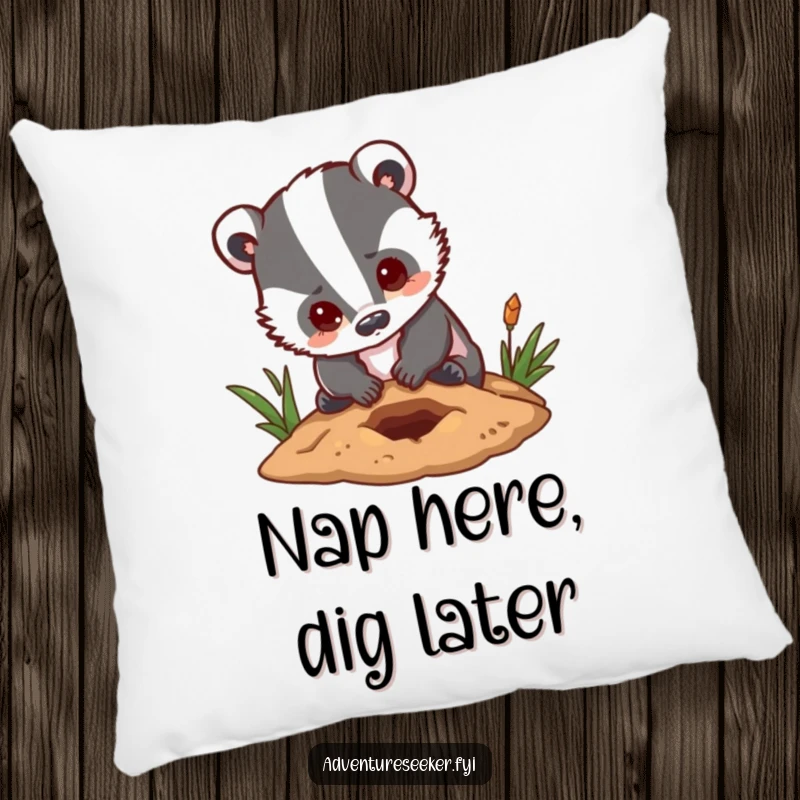 Funny badger pillow showing a determined character digging a small hole with a hopeful expression, providing cozy support.