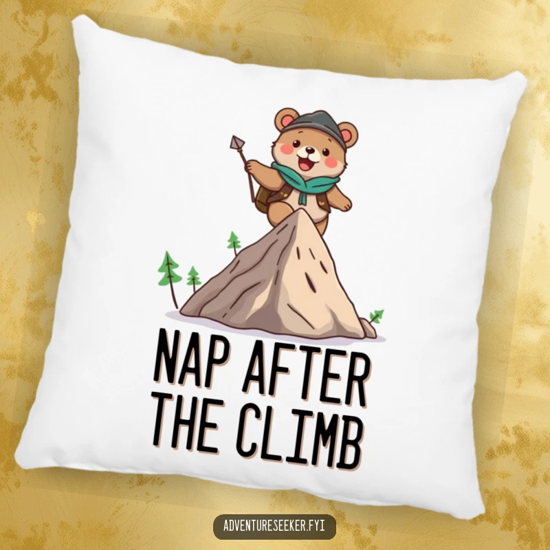 Funny pillow featuring a cute bear adventurer character joyfully climbing a small mountain, offering a plush and humorous decorative touch.