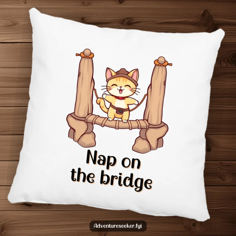 Funny adventurous cat character on a soft pillow, balancing on a rope bridge. A comforting funny gift.