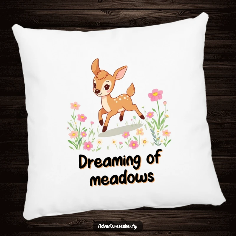 Funny deer pillow with a joyous character energetically bounding through a beautiful, sun-dappled field filled with an abundance of colorful flowers.