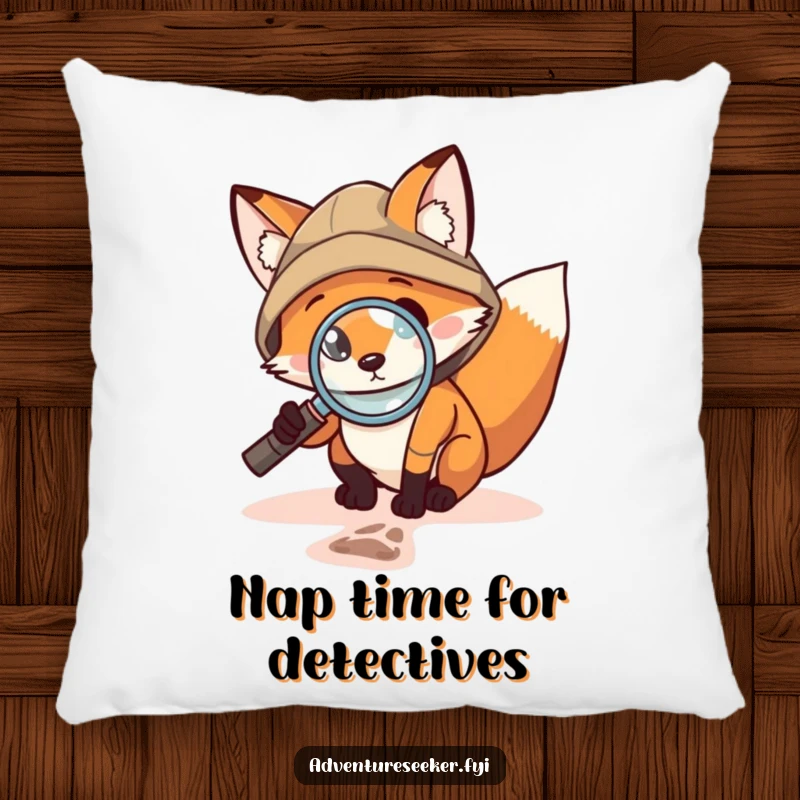 Funny Fox Detective Pillow: Brave fox using a magnifying glass to inspect a tiny footprint, offering comfort and a humorous touch for mystery enthusiasts.