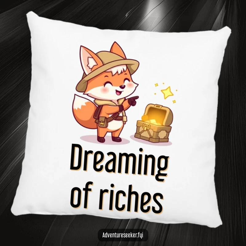 Funny pillow featuring a happy fox explorer character pointing at a treasure chest, bringing comfort and playful adventure to your space.