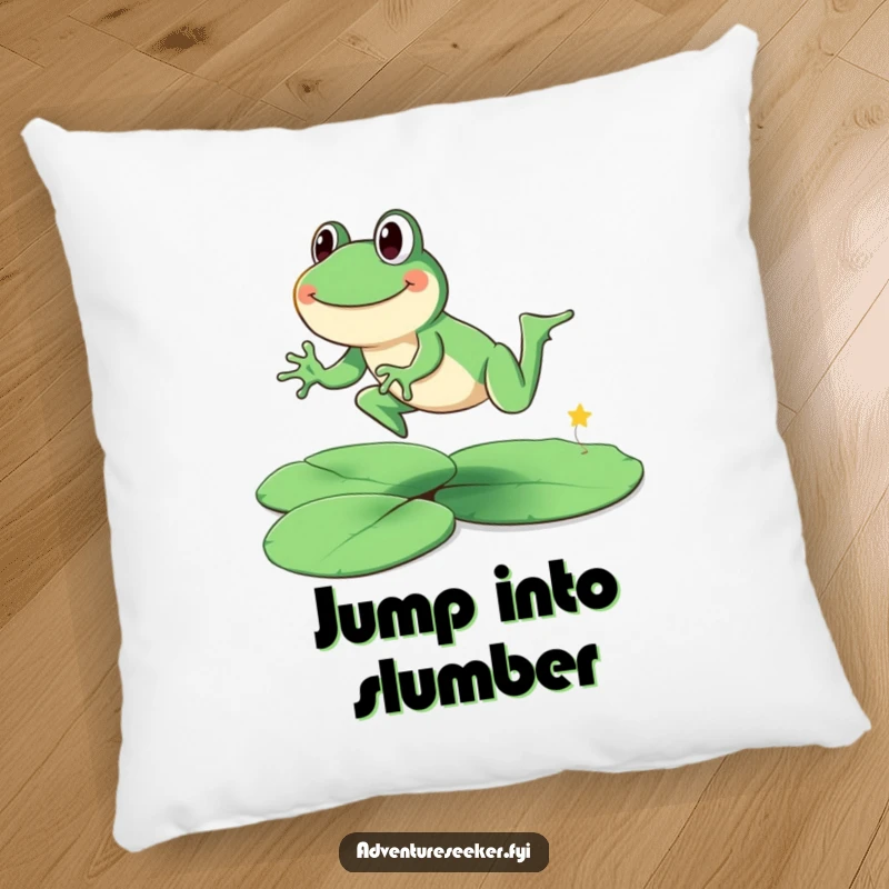 Funny smiling frog character on a soft pillow, leaping across lily pads. A comforting funny gift.