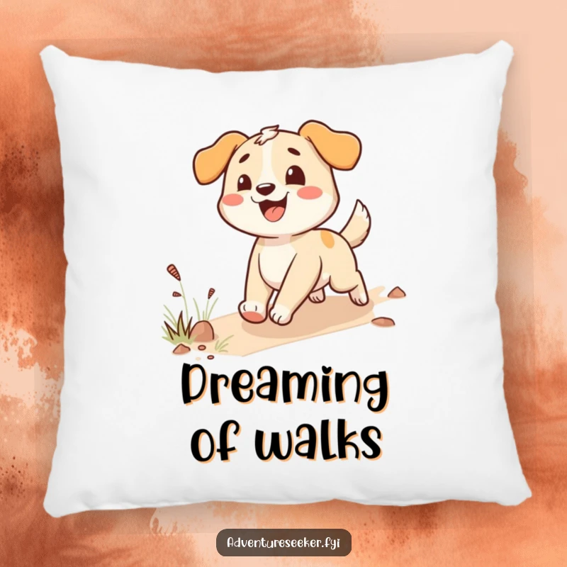 Funny happy dog pillow with an enthusiastic character following a trail, providing comfort and dog-themed humor.