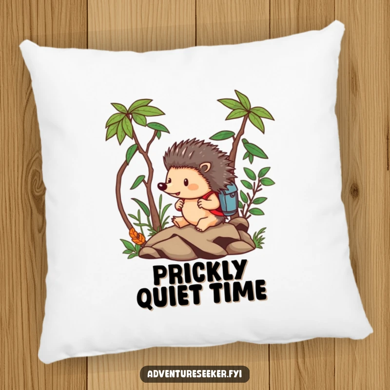 Funny Hedgehog Pillow: Brave hedgehog fearlessly navigating a miniature jungle with a backpack, soft and comforting.