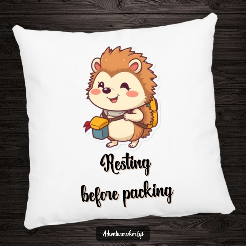 Funny pillow featuring a smiling hedgehog explorer packing a tiny backpack, offering comfort and a ready-for-adventure vibe.