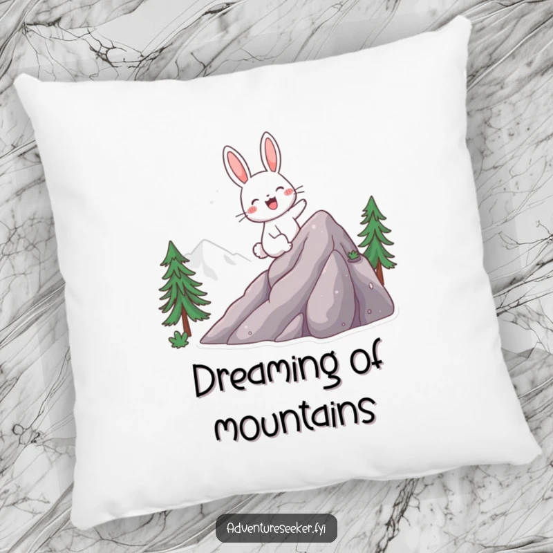 Funny pillow featuring a giggling rabbit character excitedly climbing a mountain, offering cozy comfort with an adventurous theme.