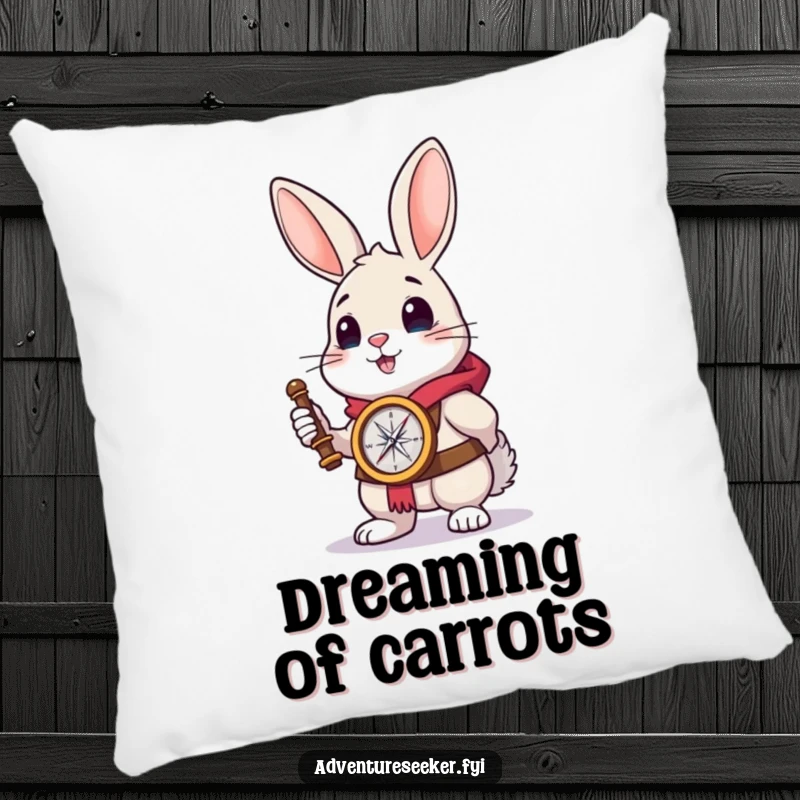 Funny rabbit explorer pillow with a brave rabbit holding a compass, looking towards the horizon for comfort.