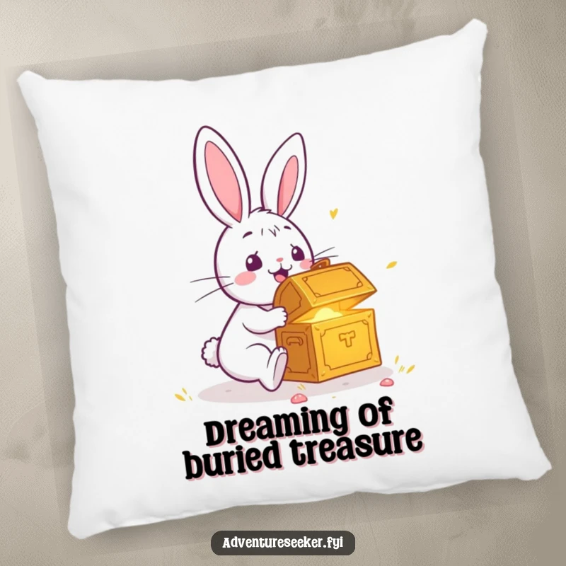 Funny pillow with a surprised rabbit finding a glowing treasure chest, offering comfort and a whimsical touch of discovered joy.