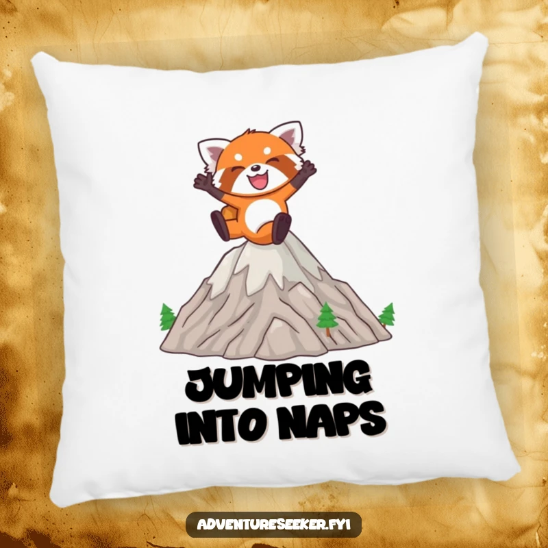 Funny Red Panda Pillow: Joyful red panda leaping energetically over miniature mountains, soft and huggable.