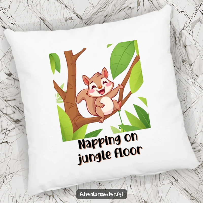 Funny pillow with a delighted squirrel grinning while swinging on a jungle vine, offering plush comfort and a cheerful vibe.