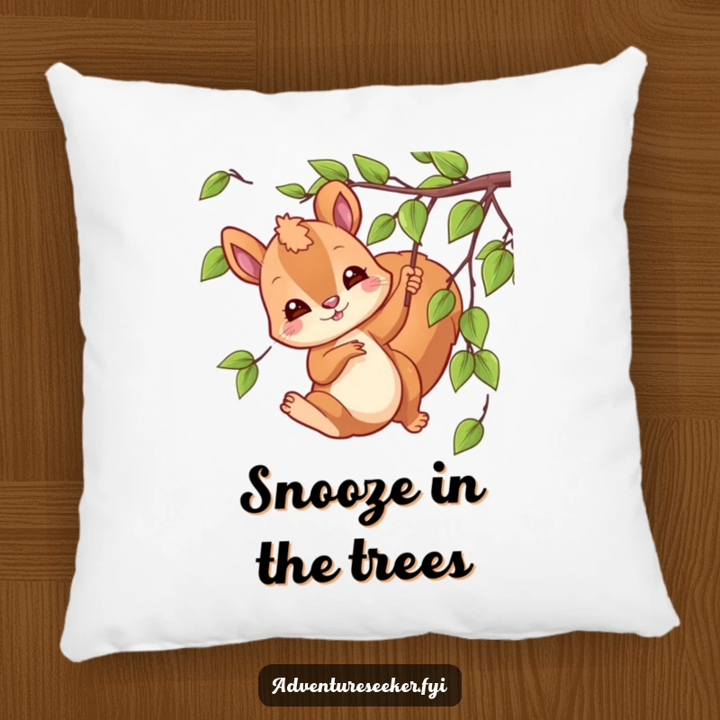 Funny swinging squirrel pillow with a playful character swinging from a vine, offering comfort and woodland whimsy.