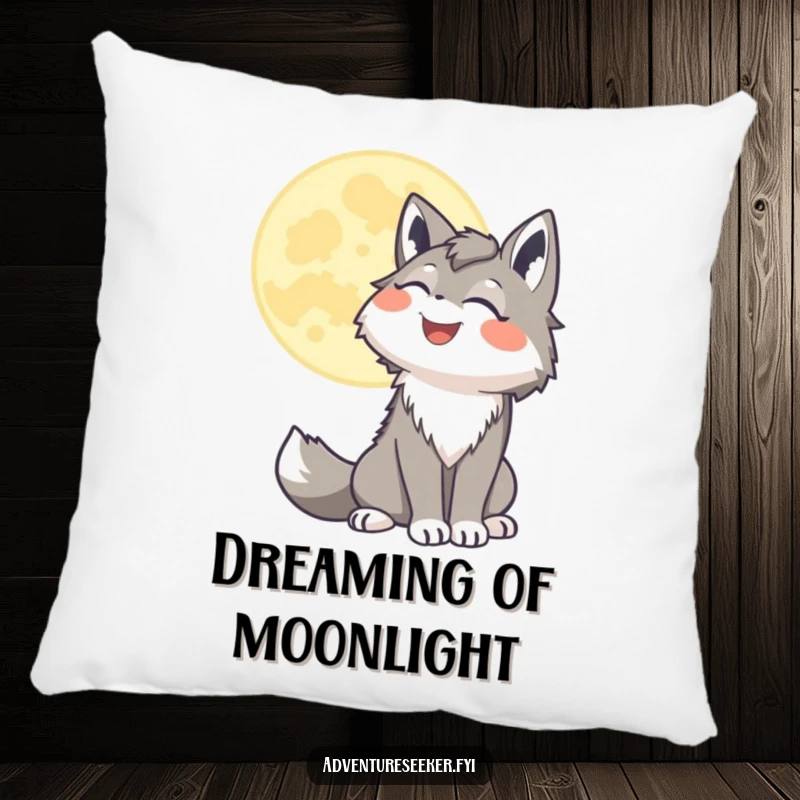 Funny wolf pillow showing a smiling character joyfully howling at a stylized moon, providing comfort with a touch of wildness.