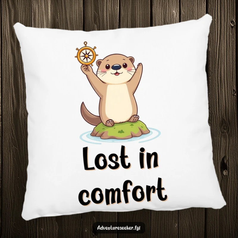 Funny Otter Pillow: Curious otter triumphantly holding a tiny compass aloft on a small island, soft and comforting.