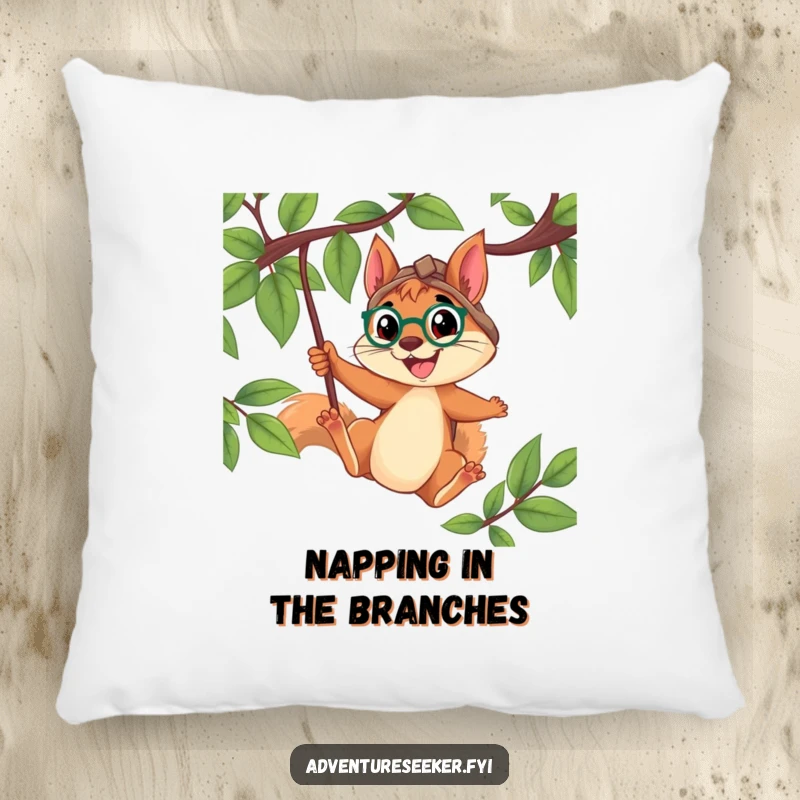 Funny Squirrel Explorer Pillow: Determined squirrel swinging from a vine with a wide smile, offering comfort and a humorous touch for energetic individuals.