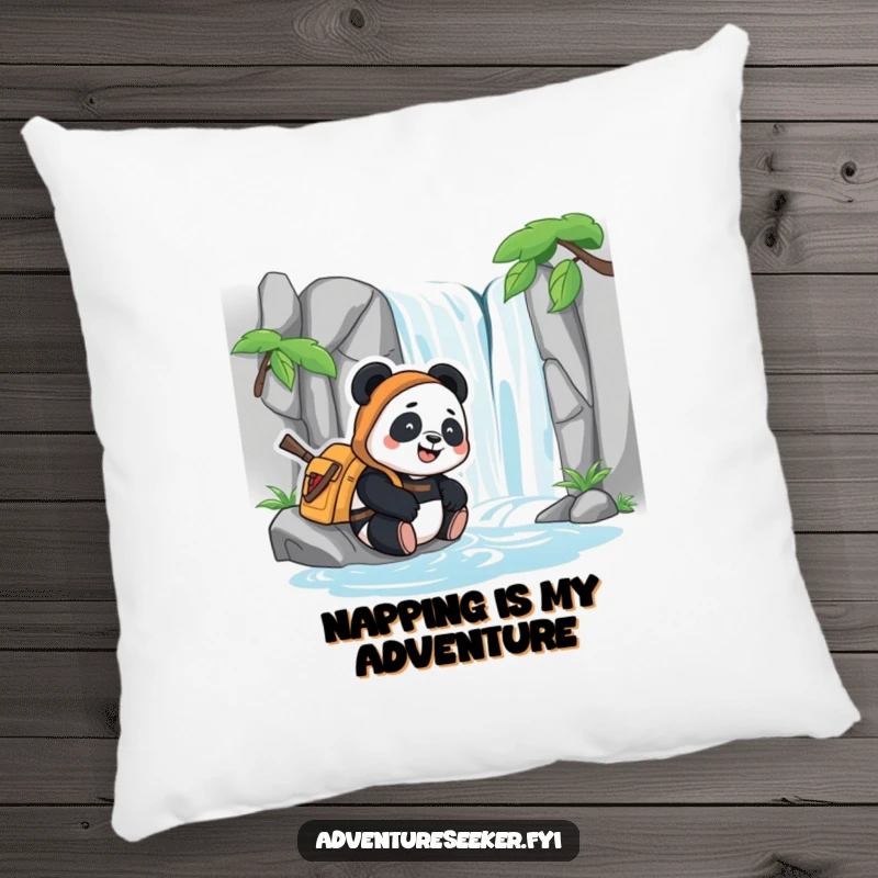 Funny pillow featuring a content panda adventurer happily resting beside a stylized waterfall, providing soft comfort and peaceful decor.