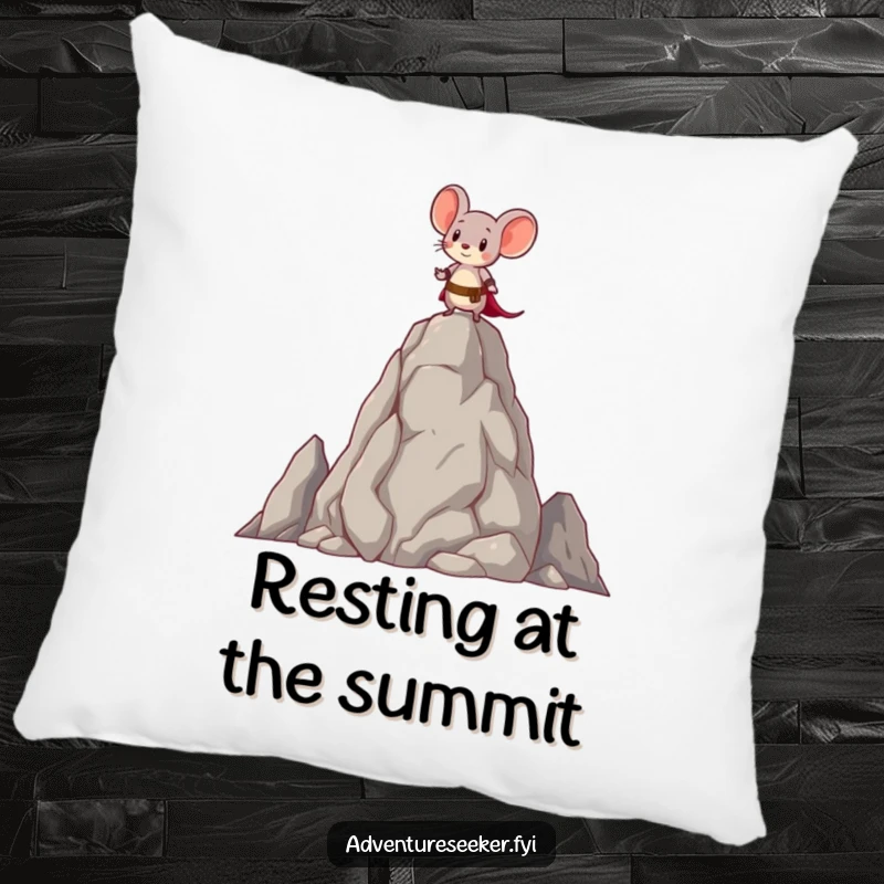 Funny pillow depicting a brave little mouse character standing atop a tall, ancient rock, offering comfort and motivation.