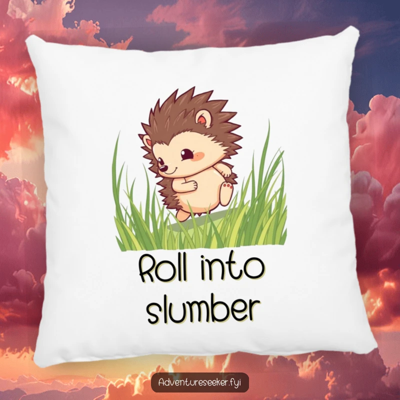 Funny hedgehog pillow showing a brave character rolling through tall grass with a determined spirit, providing comfort and inspiration.