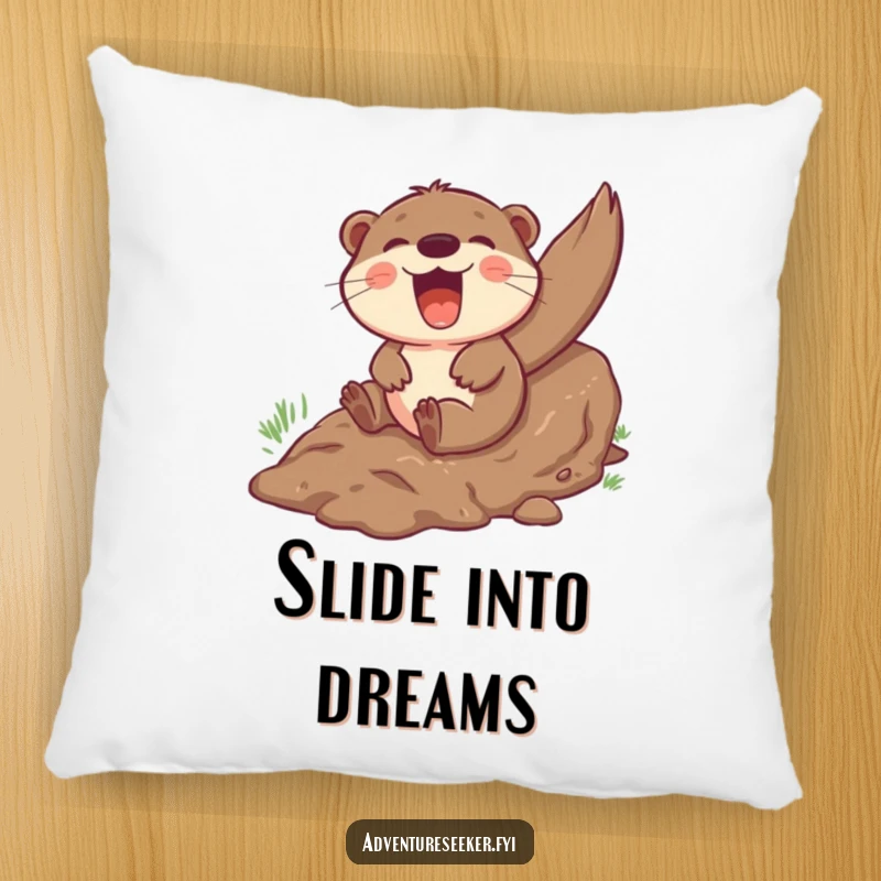 Funny otter pillow showing a giggling character gleefully sliding down a muddy hill, providing comfort with a side of fun.