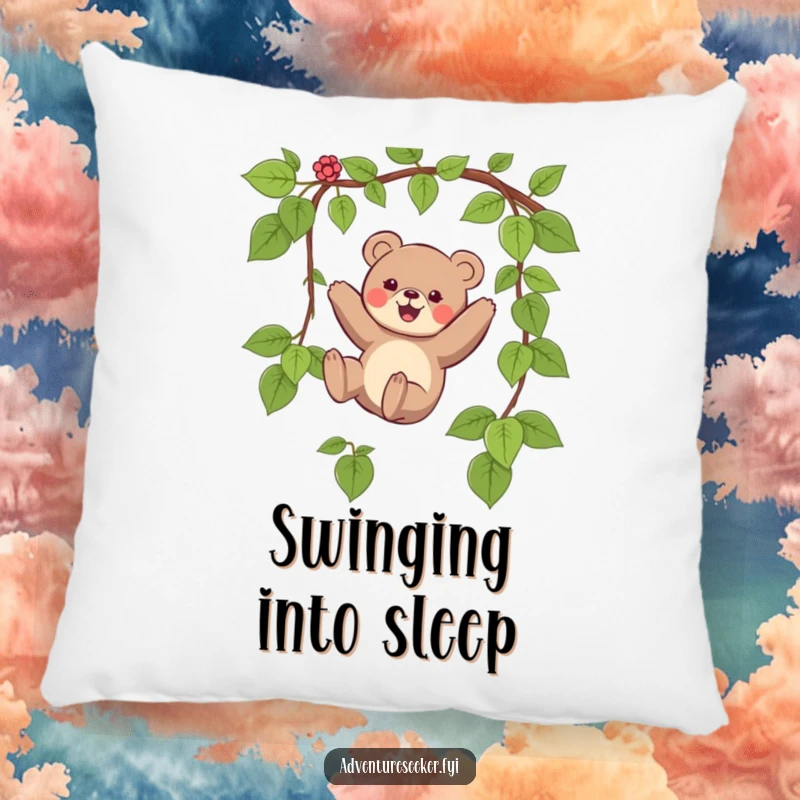 Funny pillow featuring a small bear character joyfully swinging on a vine, adding a touch of playful comfort.