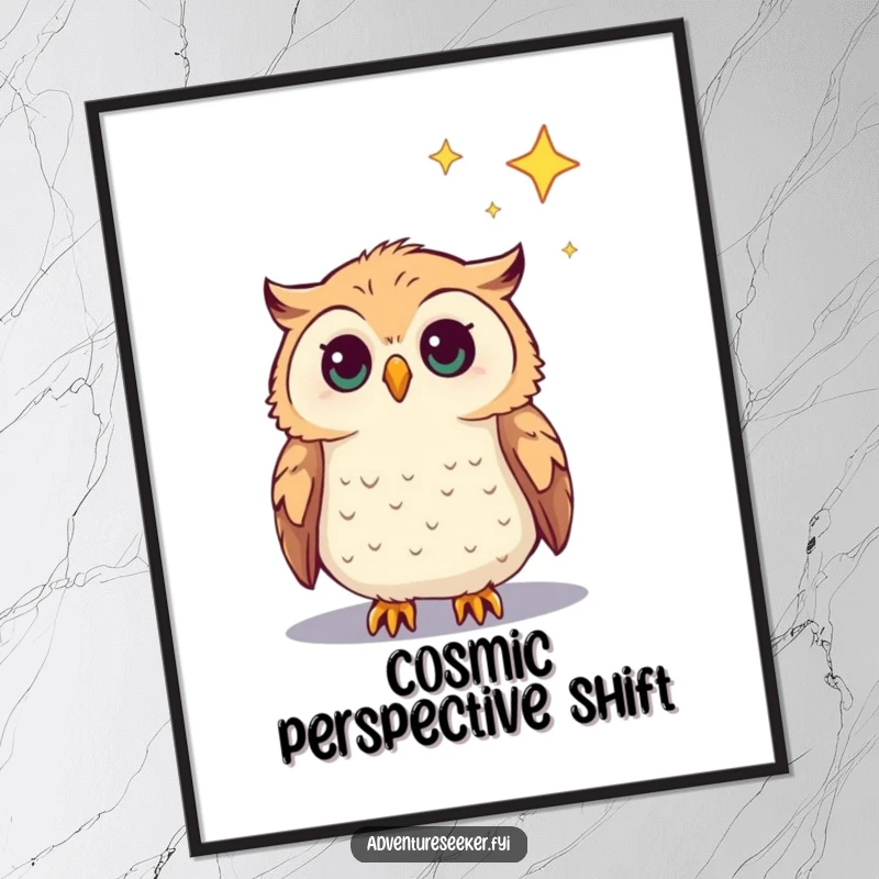 Funny Curious Owl Digital Art Print of an owl gazing at a distant star, humorous and inspiring wall decor.