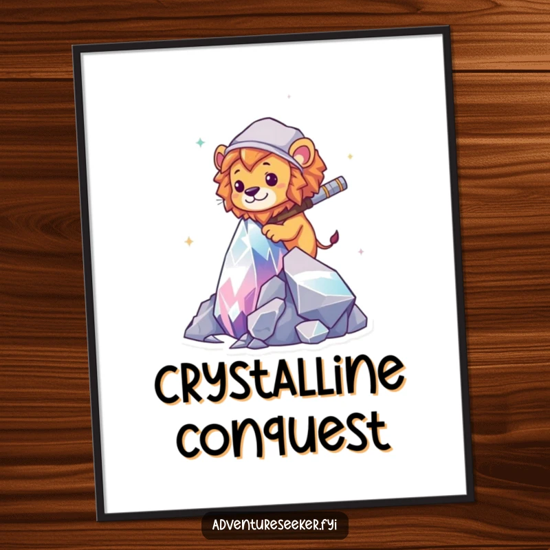 Funny Lion Explorer Digital Art: A lion scaling a sparkling crystal, ideal for adventurous and humorous wall decor.