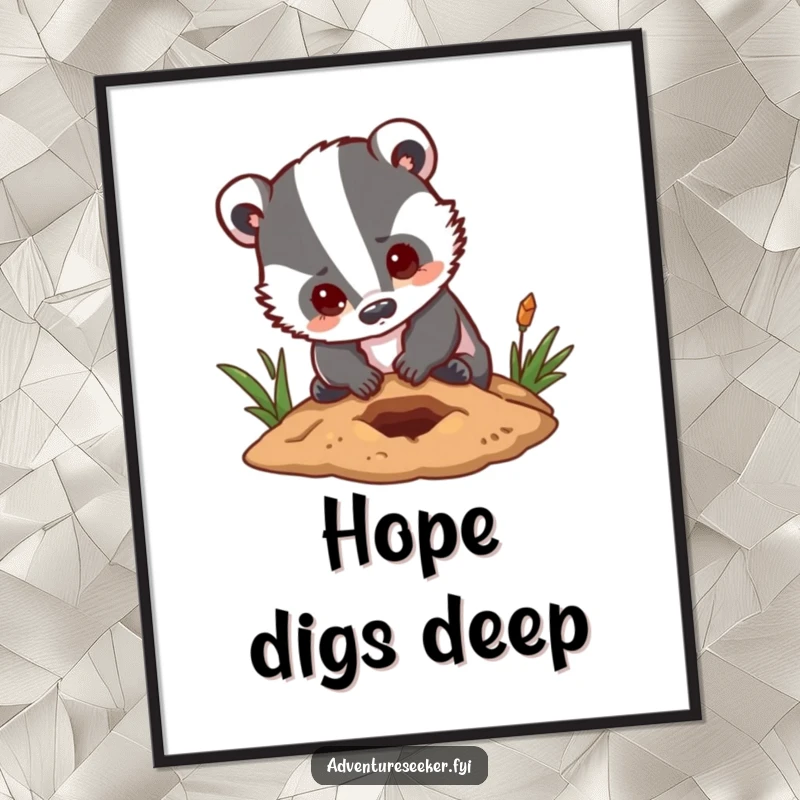 Funny badger digital art print of a determined character digging a small hole with a hopeful expression, symbolizing hard work.