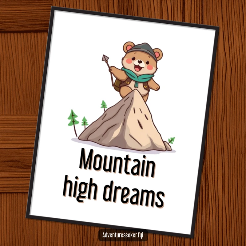 Funny digital art print of a cute bear adventurer character joyfully climbing a small, stylized mountain, perfect for wall decor.