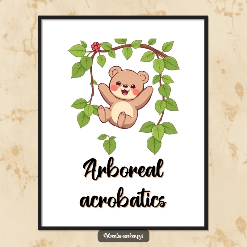 Funny digital art print of a small bear character joyfully swinging on a vine, creating a lively and whimsical atmosphere.