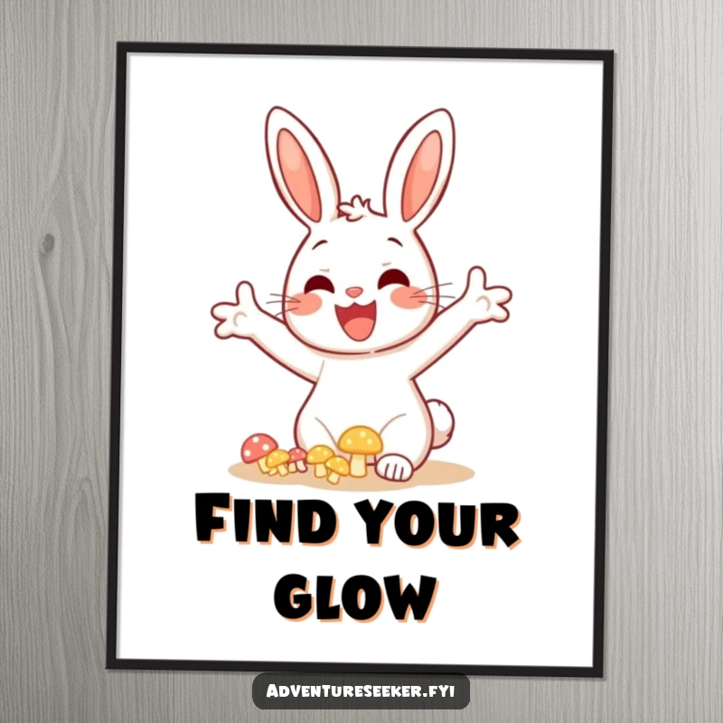 Funny bunny mushroom digital art, showing a cheerful bunny with arms outstretched excitedly discovering a cluster of glowing mushrooms.