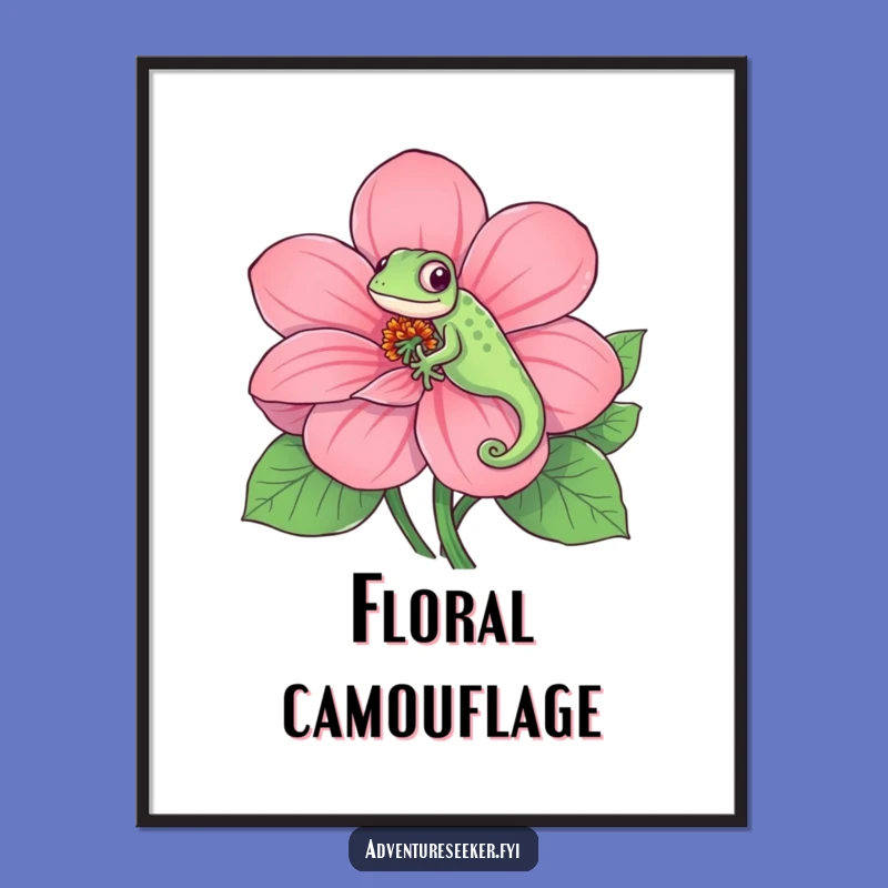 Funny Chameleon Digital Art: Playful Flower Camouflage Scene, Wall Art Gift