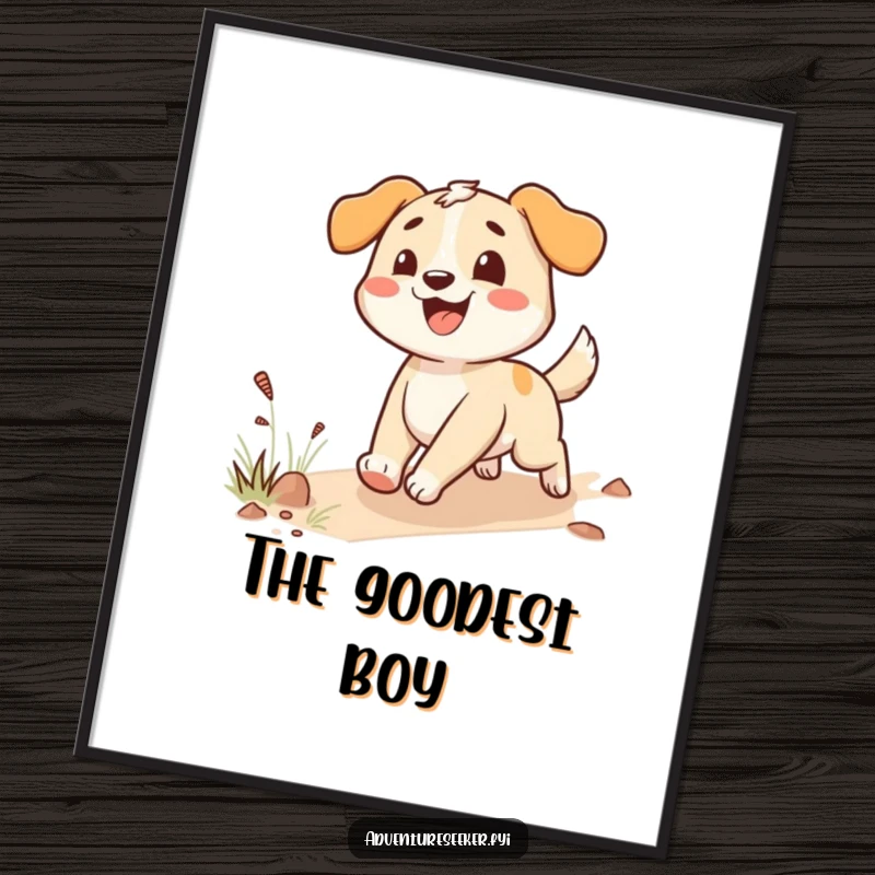 Funny happy dog digital art print of an enthusiastic character following a trail, adding dog-themed humor.