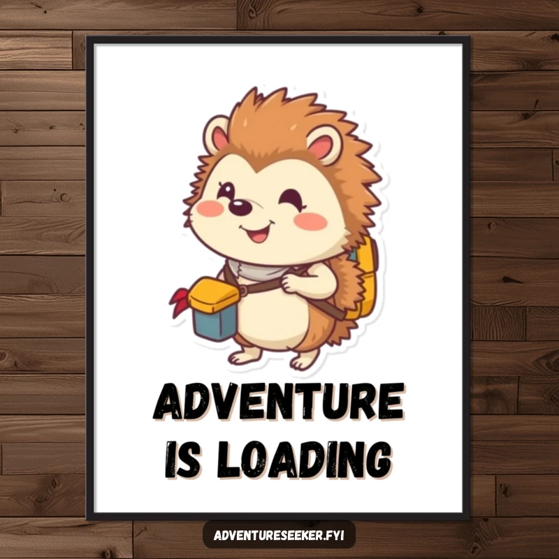 Funny digital art print of a smiling hedgehog explorer character packing a tiny backpack, ready for adventure.