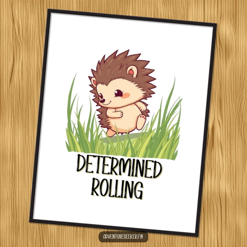 Funny hedgehog digital art print of a brave character determinedly rolling through tall grass, symbolizing resilience and spirit.