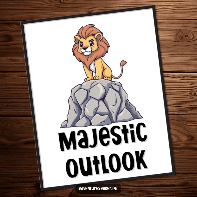 Funny digital art print of a brave lion character surveying majestically from a rocky outcrop, bringing power and humor to any room.