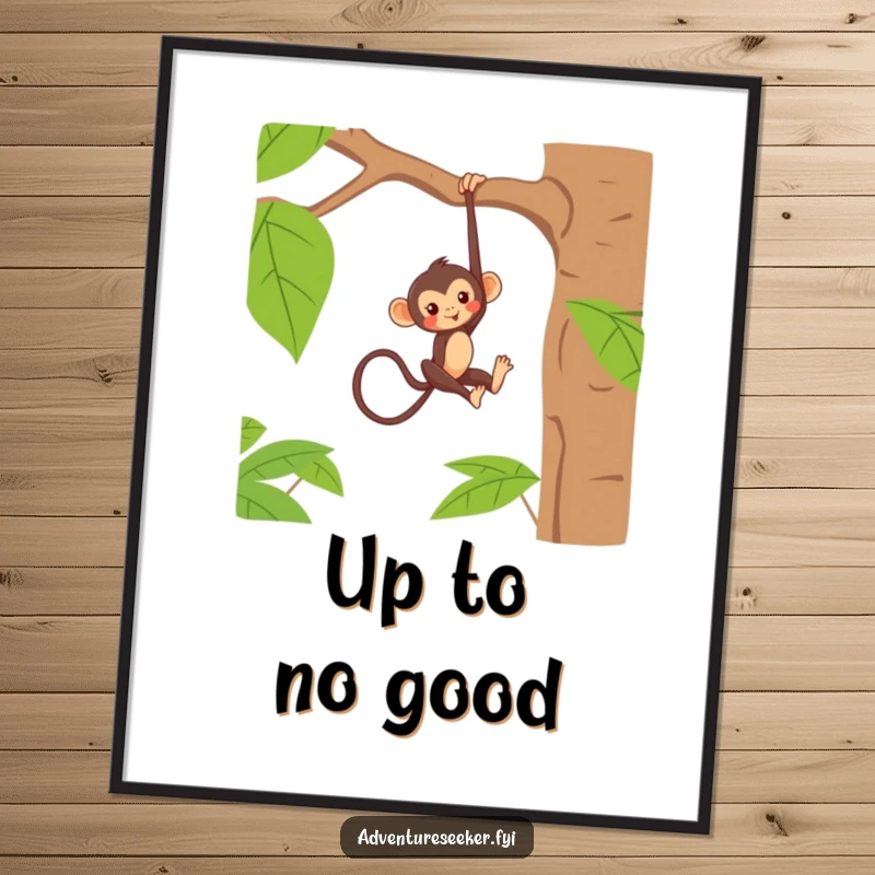 Funny digital art print of a mischievous monkey character playfully hanging from a jungle tree branch, perfect for vibrant decor.