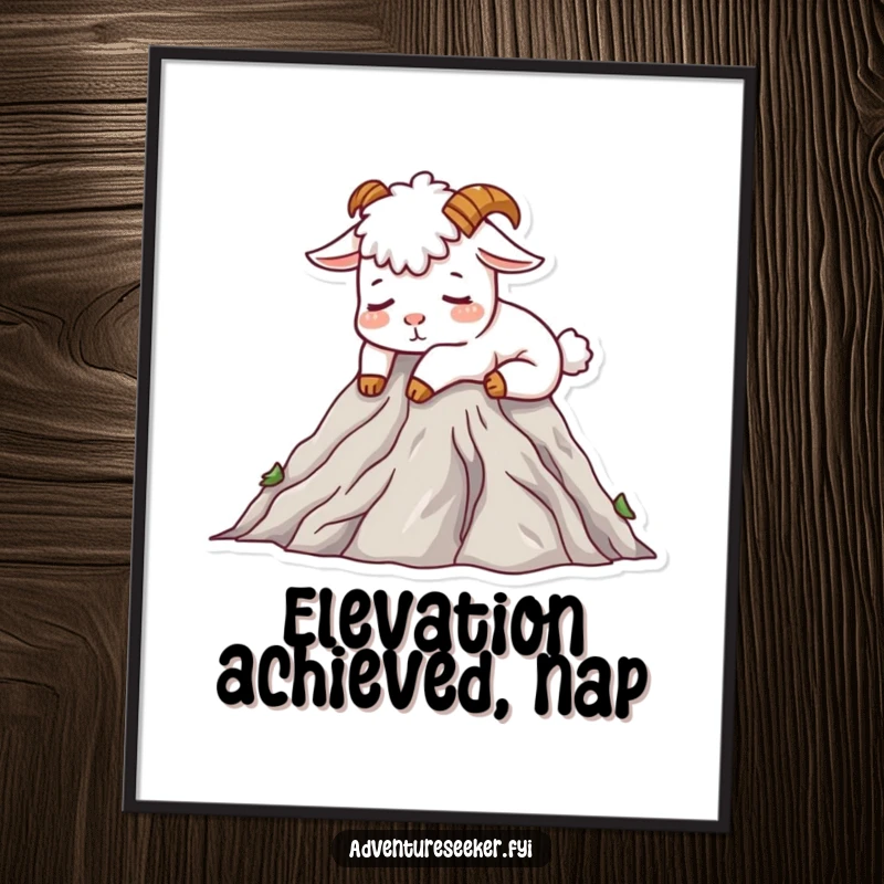 Funny Mountain Goat Digital Art Print of a goat napping on a mountain peak, humorous and serene wall decor.